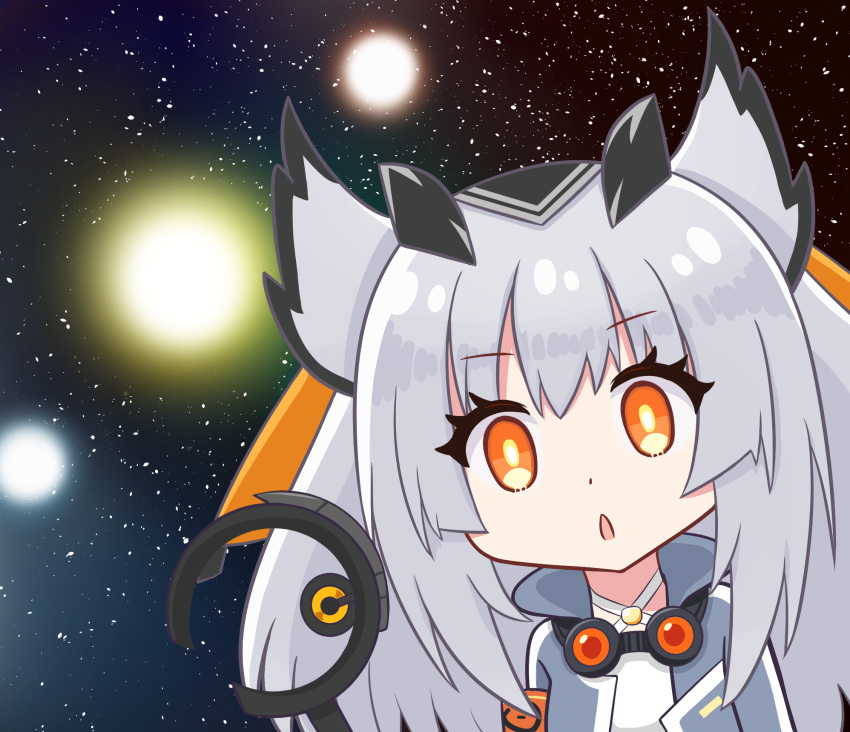 1girl, arknights, bangs, coat, eyebrows_visible_through_hair, galaxy, goggles, goggles_around_neck, grey_coat, highres, kitara_koichi, meme, open_mouth, orange_eyes, owl_ears, pointy_hair, ptilopsis_(arknights), short_hair, solo, space, space_cat_(meme), staff, universe, upper_body, white_hair