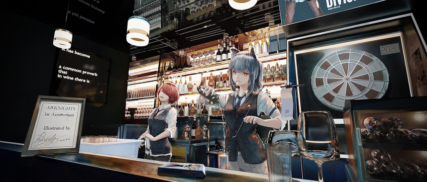 2girls, animal_ears, anniversary, arknights, artist_name, bartender, beer_tap, black_neckwear