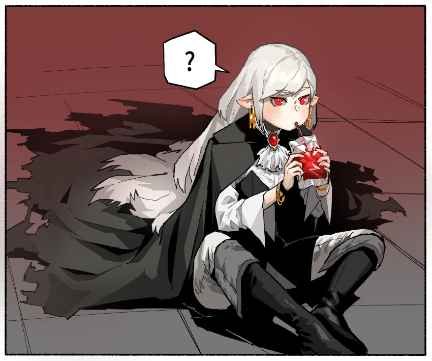 1girl, ?, black_cape, black_dress, black_footwear, blood, blood_bag, blouse