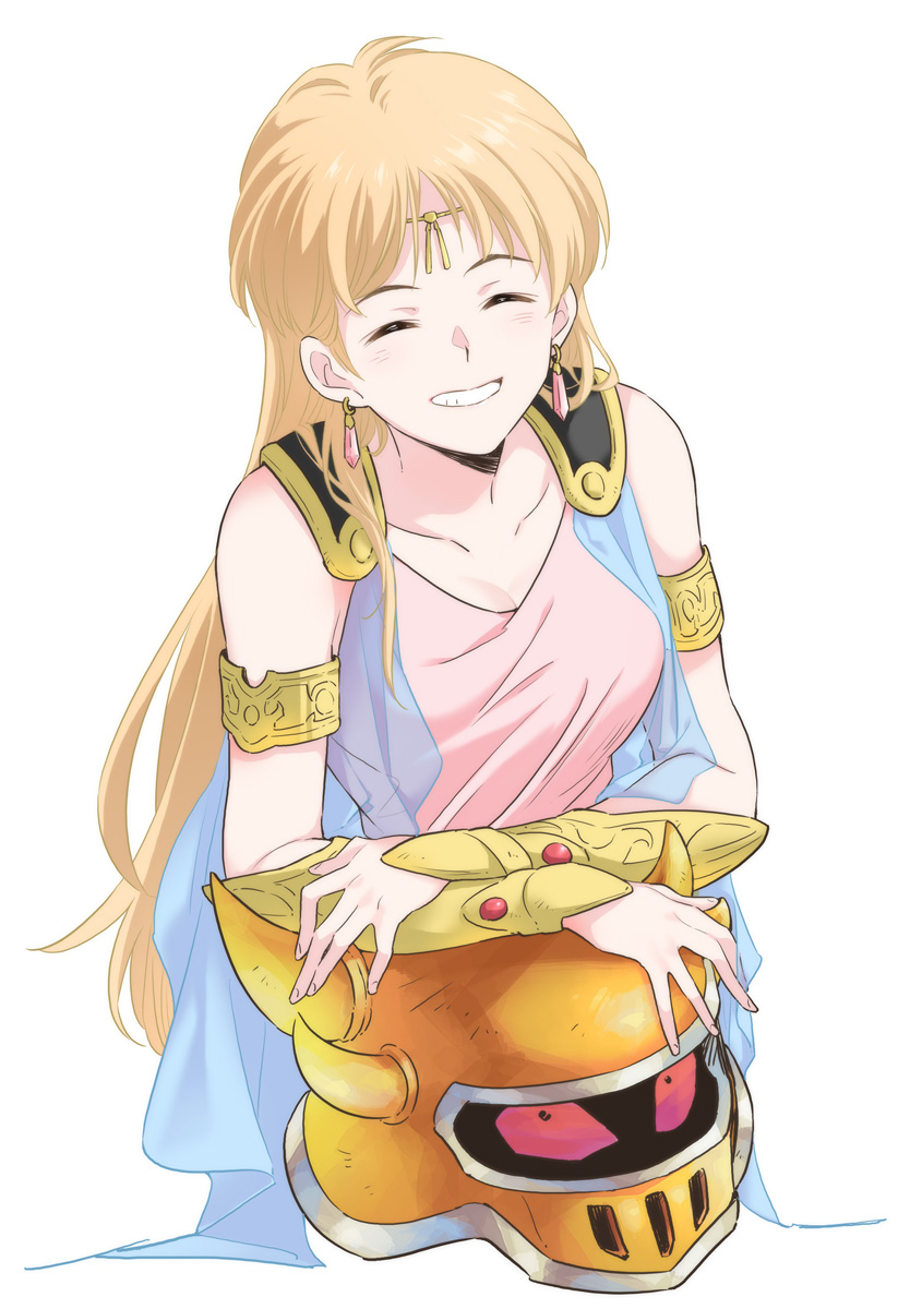 1girl, agahari, armlet, closed_eyes, dragon_quest, dragon_quest_dai_no_daibouken, earrings, grin