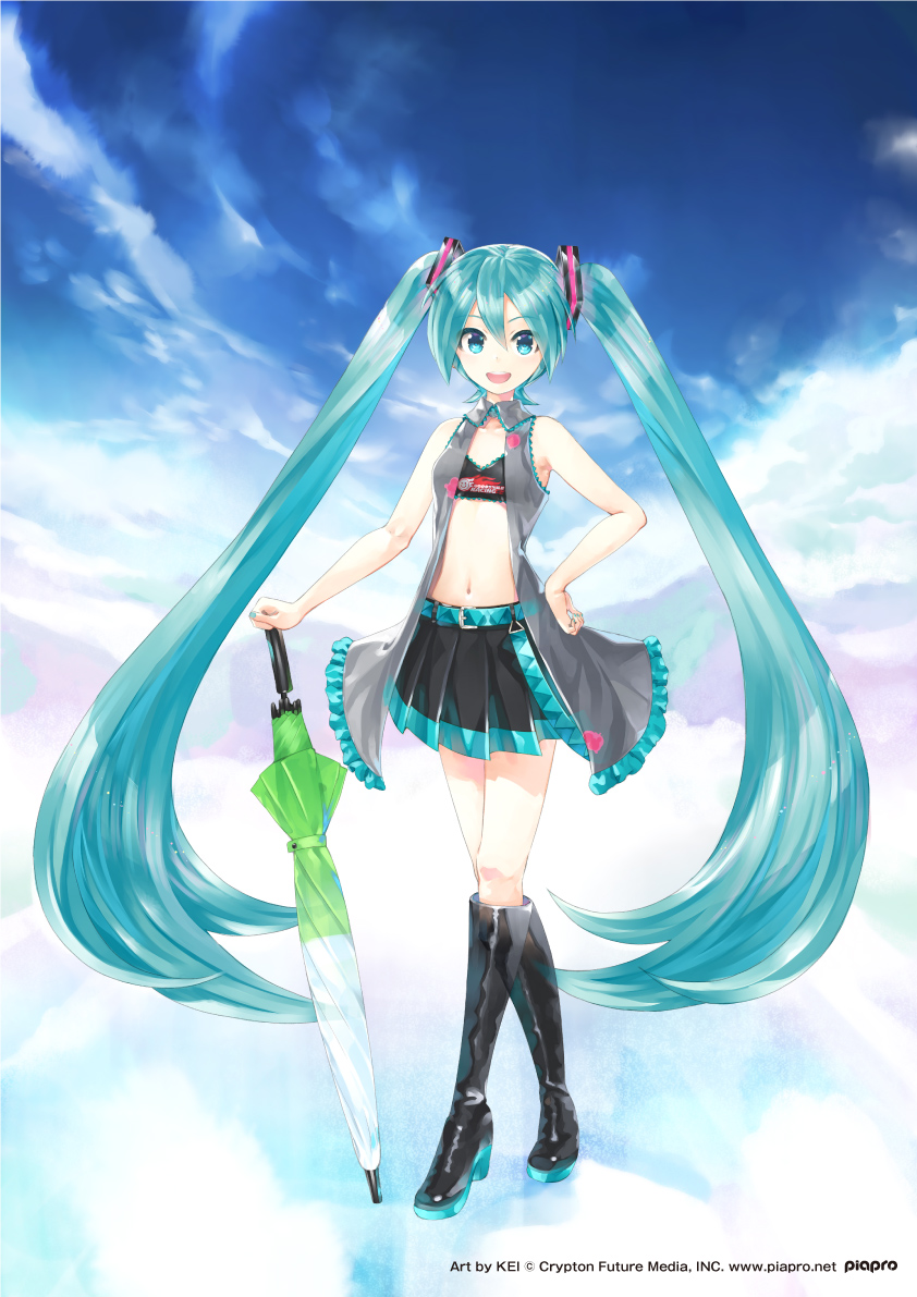 1girl, :d, adapted_costume, aqua_eyes, aqua_hair, aqua_nails, bandeau, black_footwear