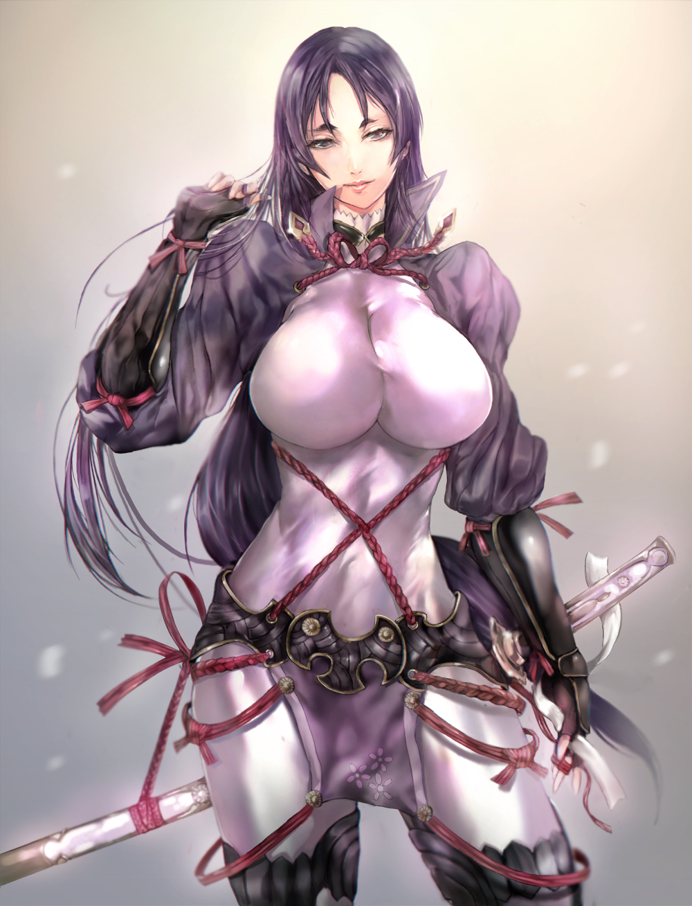 1girl, arm_guards, bangs, bodysuit, breasts, closed_mouth, commentary_request, fate/grand_order