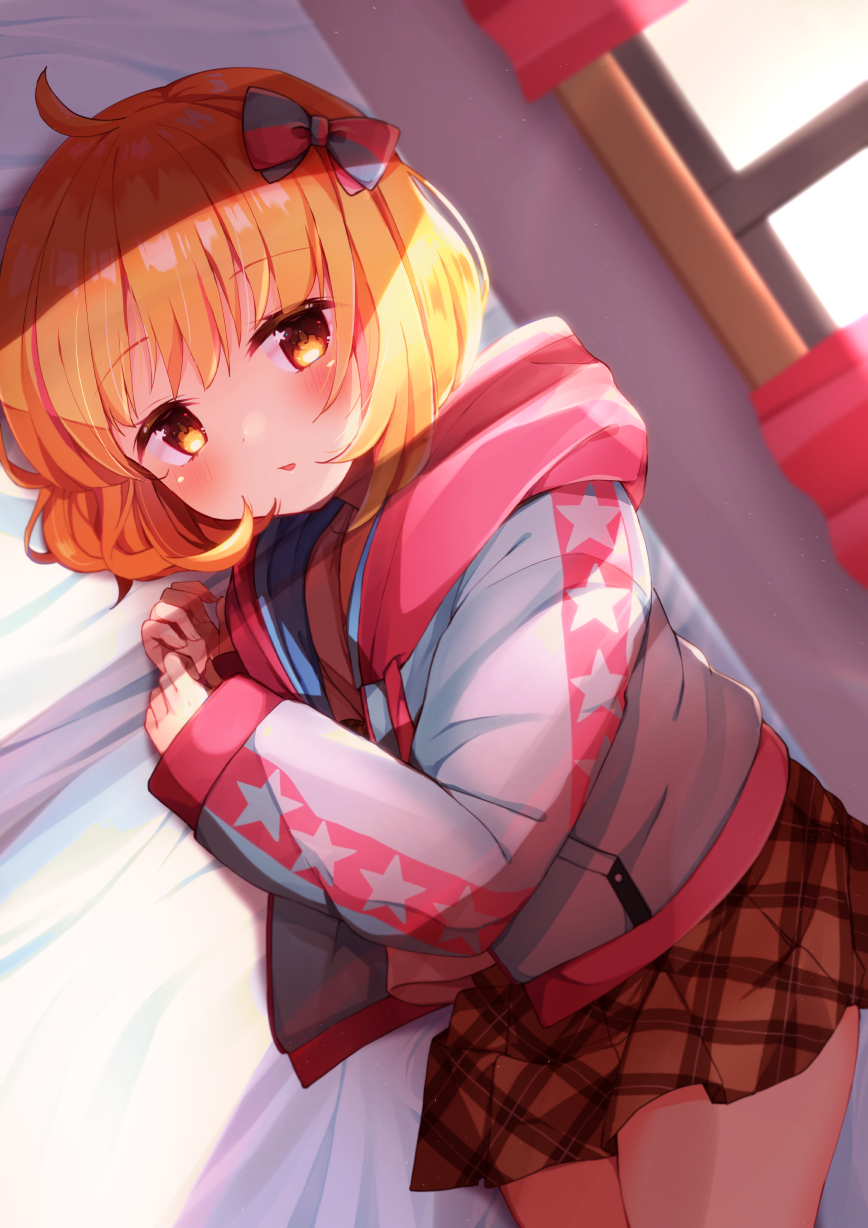 1girl, ahoge, bangs, bed_sheet, beniko_(ymdbnk), blonde_hair, blush, bow, brown_shirt, brown_skirt, chieru_(princess_connect!), chieru_(real)_(princess_connect!), commentary_request, curtains, dutch_angle, eyebrows_visible_through_hair, grey_jacket, hair_between_eyes, hair_bow, hands_up, highres, hood, hood_down, hooded_jacket, indoors, jacket, long_sleeves, looking_at_viewer, lying, on_side, parted_lips, plaid, plaid_skirt, pleated_skirt, princess_connect!, princess_connect!_re:dive, red_eyes, shirt, skirt, sleeves_past_wrists, solo, star_(symbol), star_print, window