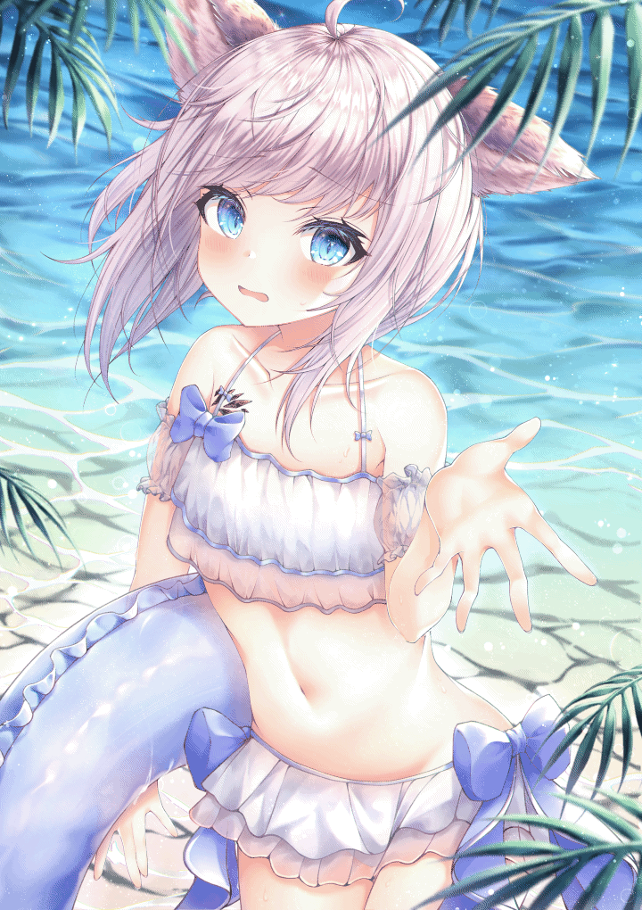 1girl, ahoge, animal_ears, animated, animated_gif, arknights, bare_shoulders, beach
