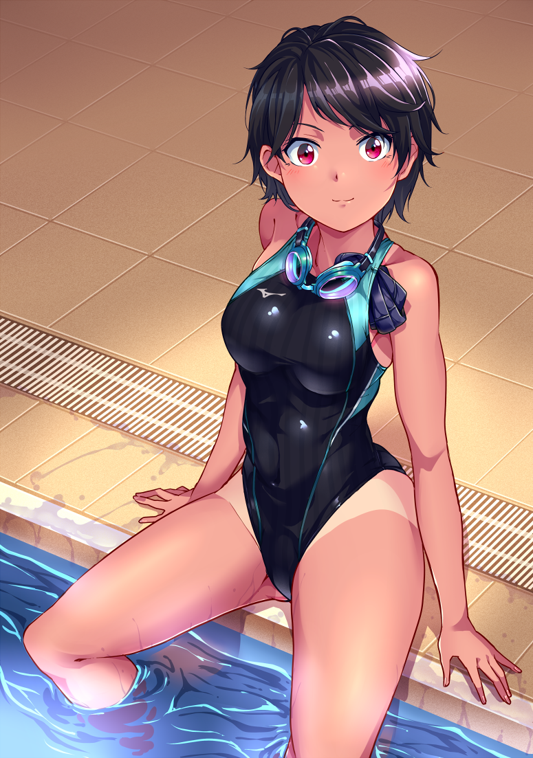 1girl, :3, arms_at_sides, ass_visible_through_thighs, bangs, bare_arms, bare_shoulders, black_hair