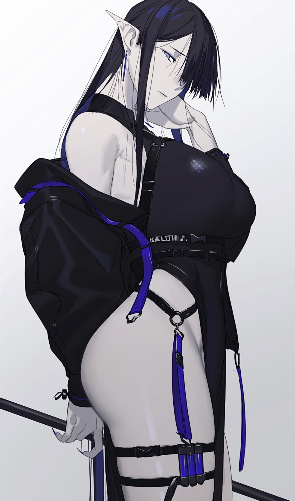 1girl, ass, bangs, bare_shoulders, black_hair, blue_eyes, breasts, earrings, elf, fingernails, grey_skin, highres, jewelry, kaoruko_(unkrk55), large_breasts, long_hair, looking_at_viewer, off_shoulder, original, pointy_ears, ponytail, sharp_fingernails, solo, violet_eyes