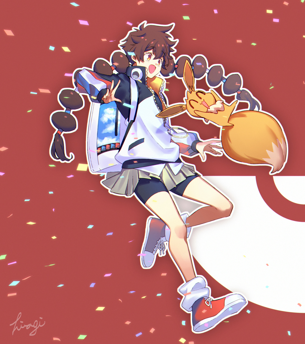 1girl, :d, bangs, blush, brown_hair, commentary_request, eevee, gen_1_pokemon