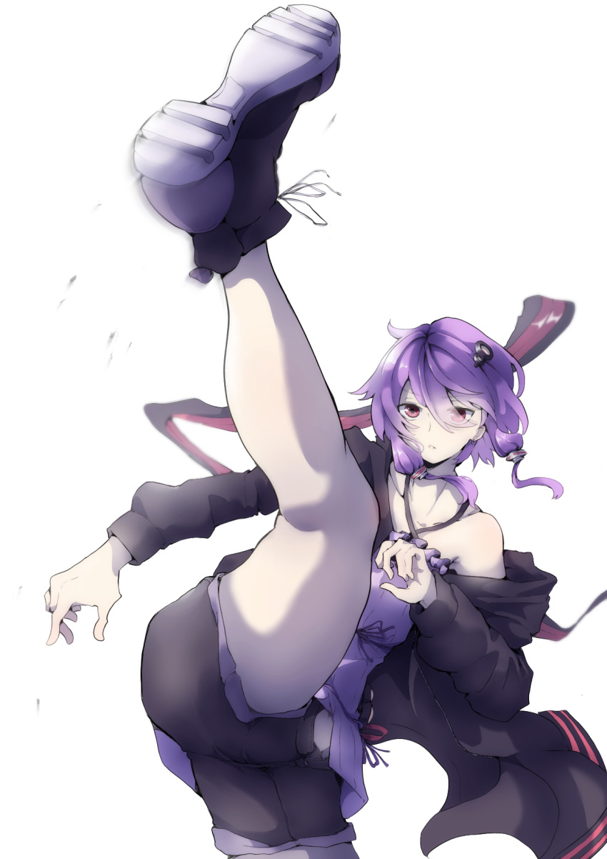 1girl, animal_ears, bare_shoulders, black_jacket, boots, collarbone, commentary, cowboy_shot