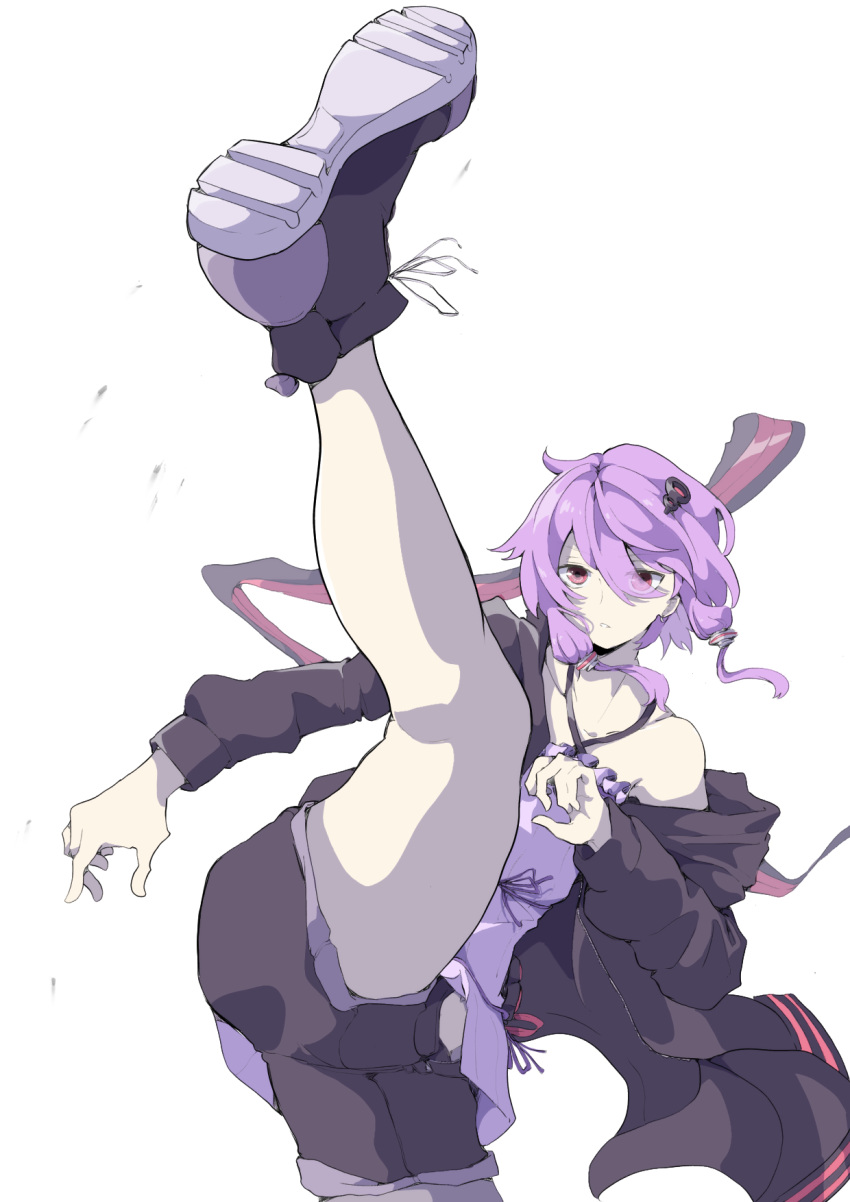 1girl, animal_ears, bare_shoulders, black_jacket, boots, cel_shading, collarbone, commentary