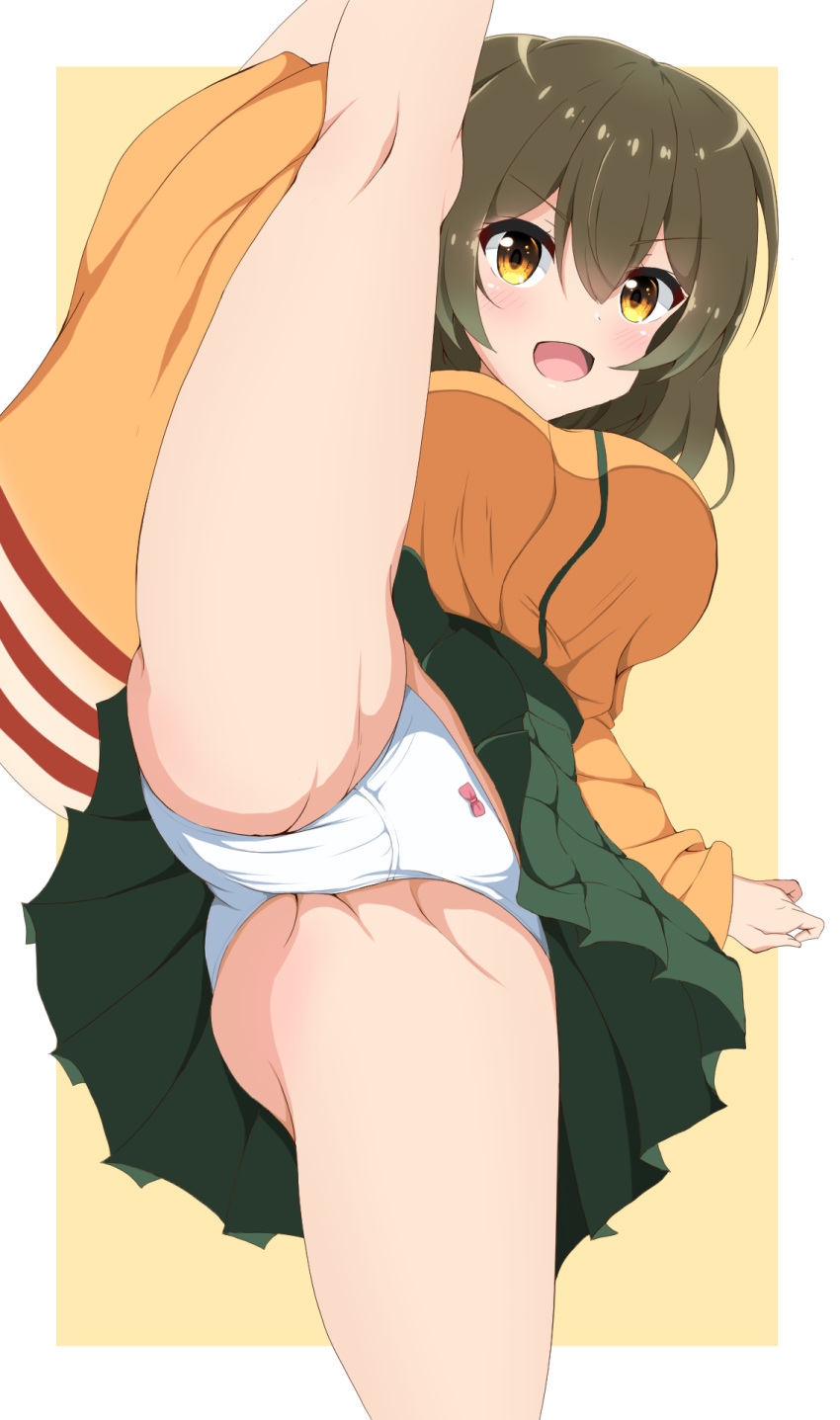1girl, blush, border, breasts, brown_hair, eyebrows_visible_through_hair, green_hakama, green_skirt, hakama, hakama_skirt, highres, hiryuu_(kantai_collection), holding, japanese_clothes, kantai_collection, kimono, large_breasts, leg_lift, leg_up, long_sleeves, looking_at_viewer, one_side_up, open_mouth, orange_kimono, panties, shoes, short_hair, skirt, smile, solo, split, standing, standing_on_one_leg, standing_split, underwear, white_border, white_panties, wide_sleeves, yellow_background, yellow_eyes, yuyu_hihi40