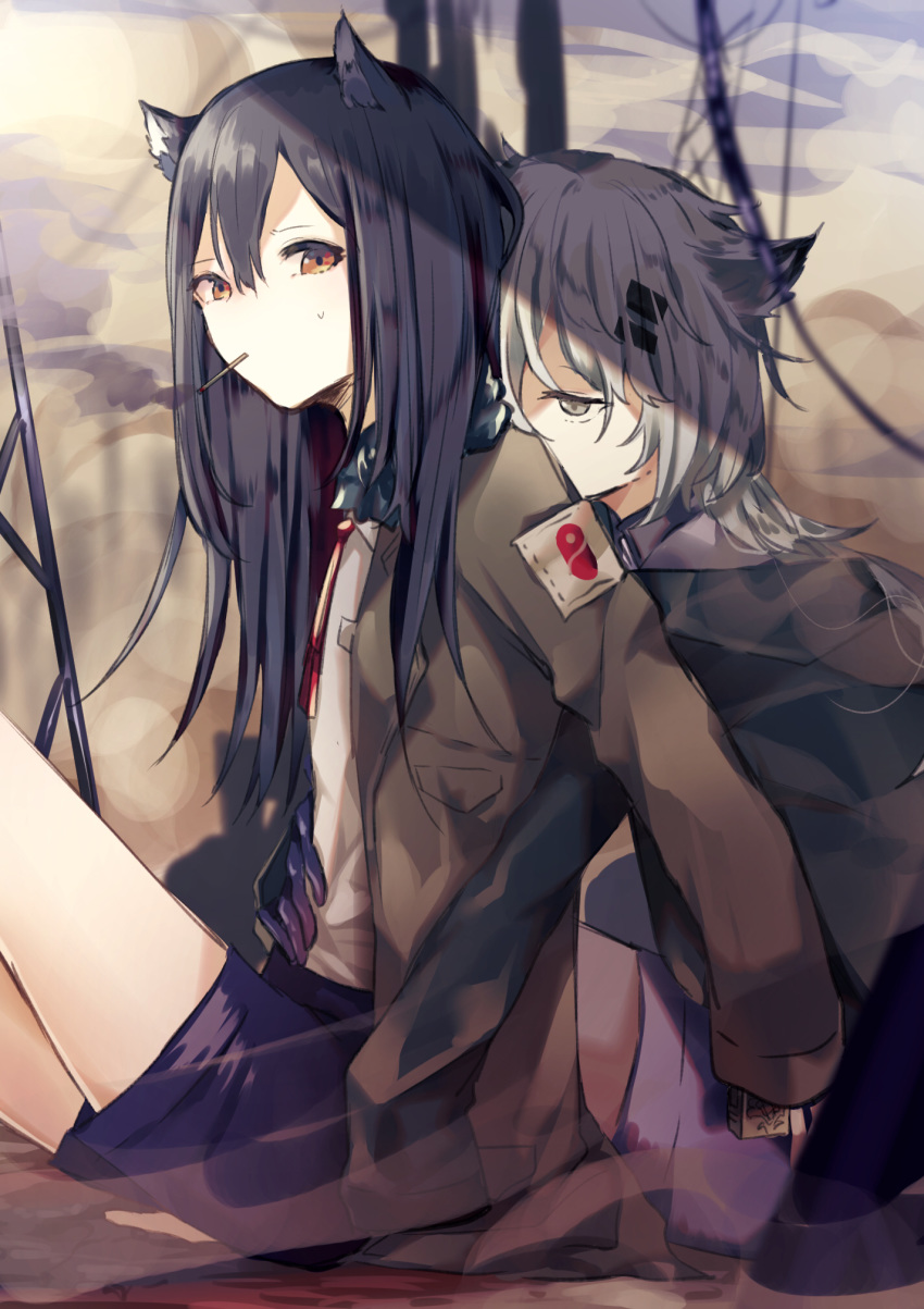 2girls, alternate_costume, animal_ears, ariez, arknights, black_hair, brown_eyes, brown_jacket, fox_ears, gloves, grey_eyes, highres, hug, hug_from_behind, jacket, lappland_(arknights), long_hair, long_sleeves, mouth_hold, multicolored_hair, multiple_girls, silver_hair, sitting, streaked_hair, texas_(arknights), yuri