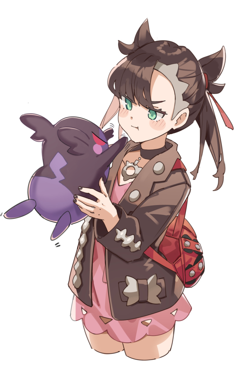 1girl, :t, black_choker, black_jacket, black_nails, blush, brown_hair, cchhii3