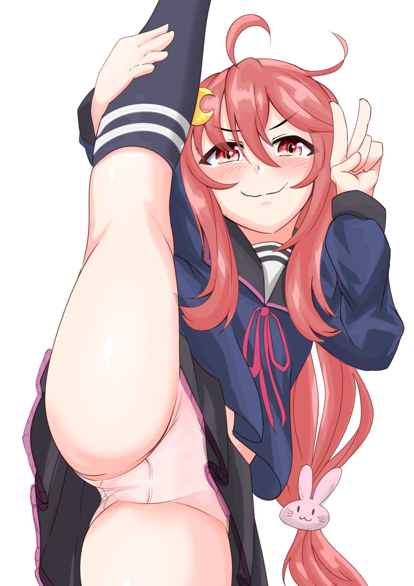 1girl, ahoge, black_skirt, blue_shirt, bunny_hair_ornament, crescent, crescent_hair_ornament, hair_ornament, highres, kantai_collection, kirisame0729, leg_lift, leg_up, long_hair, long_sleeves, low-tied_long_hair, miniskirt, neck_ribbon, panties, pink_hair, pink_panties, pleated_skirt, red_eyes, red_ribbon, ribbon, school_uniform, serafuku, shirt, skirt, solo, split, standing, standing_on_one_leg, standing_split, underwear, uzuki_(kantai_collection), v