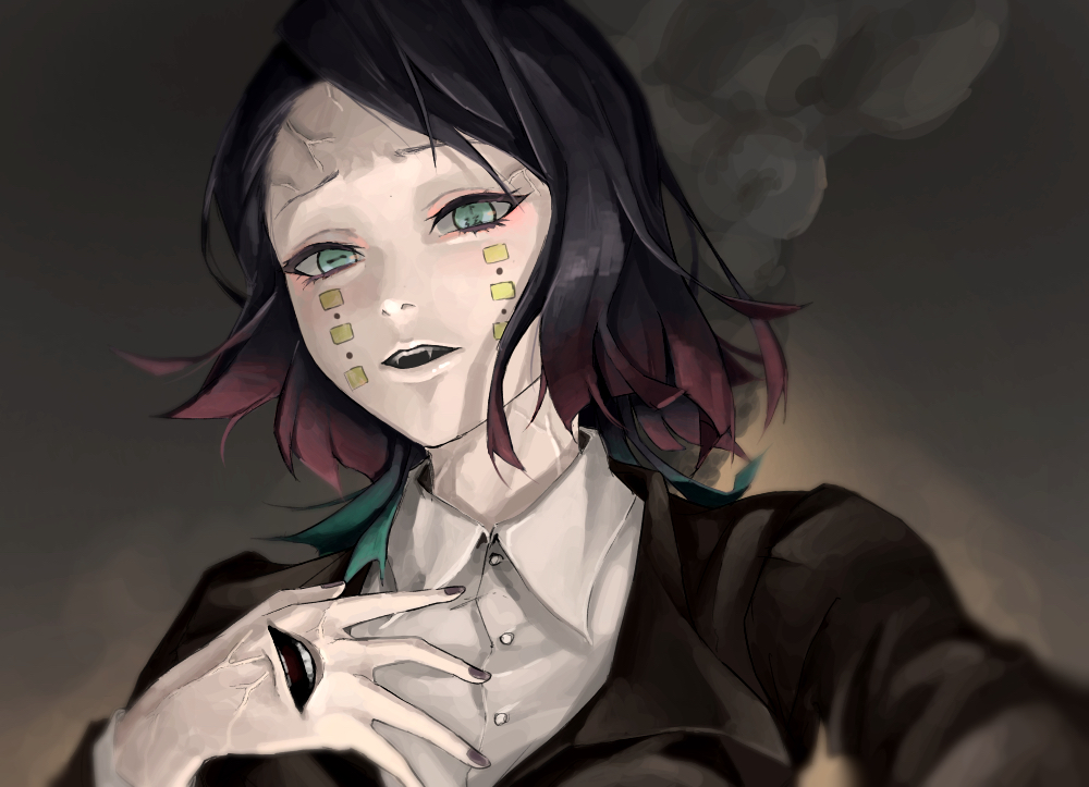 1boy, aqua_eyes, aqua_hair, black_hair, black_jacket, black_nails, collared_shirt, eigh