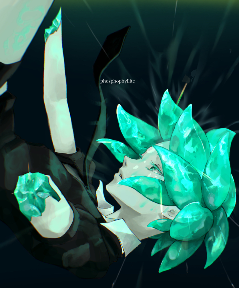 1other, amputee, androgynous, aqua_eyes, aqua_hair, bangs, black_background, black_neckwear