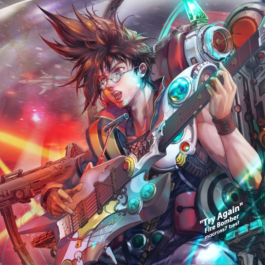 1boy, absurdres, armor, brown_eyes, brown_hair, canards, canopy, cockpit