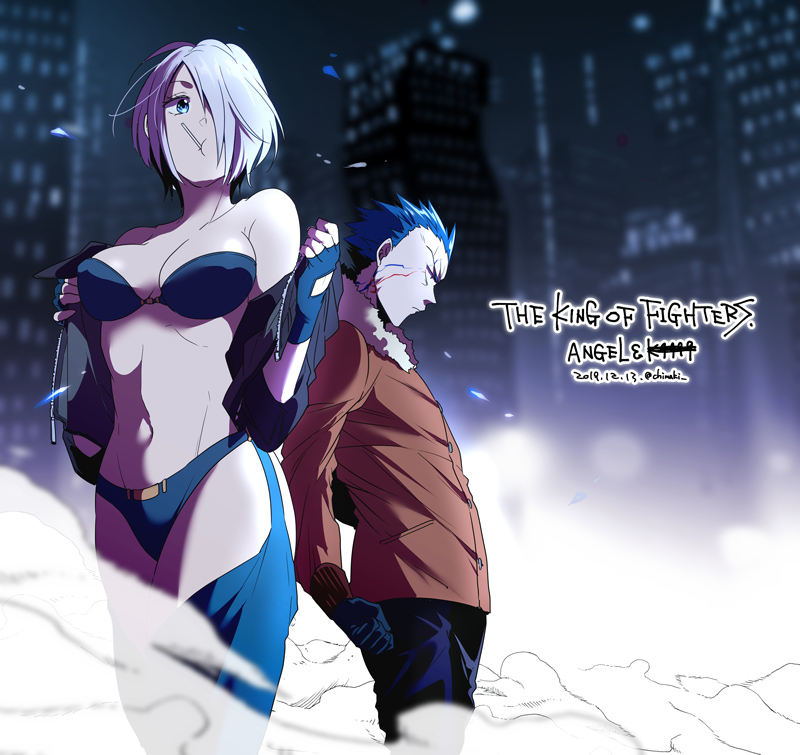 1boy, 1girl, angel_(kof), blue_hair, chaps, character_name, chimakikamihc, copyright_name