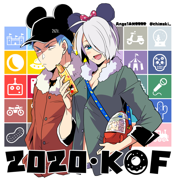 1boy, 1girl, angel_(kof), baseball_cap, blue_eyes, blue_hair, chimakikamihc, fur_trim, hair_over_one_eye, hat, k9999, mickey_mouse_ears, short_hair, snack, the_king_of_fighters, white_hair