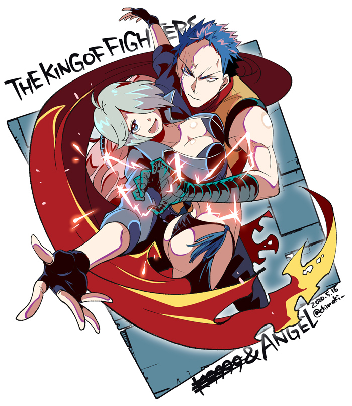 1boy, 1girl, angel_(kof), ass, bandaged_arm, bandages, blue_hair, breasts