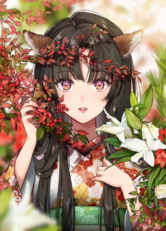 1girl, animal_ears, bangs, black_hair, blurry, bud, depth_of_field, floral_print