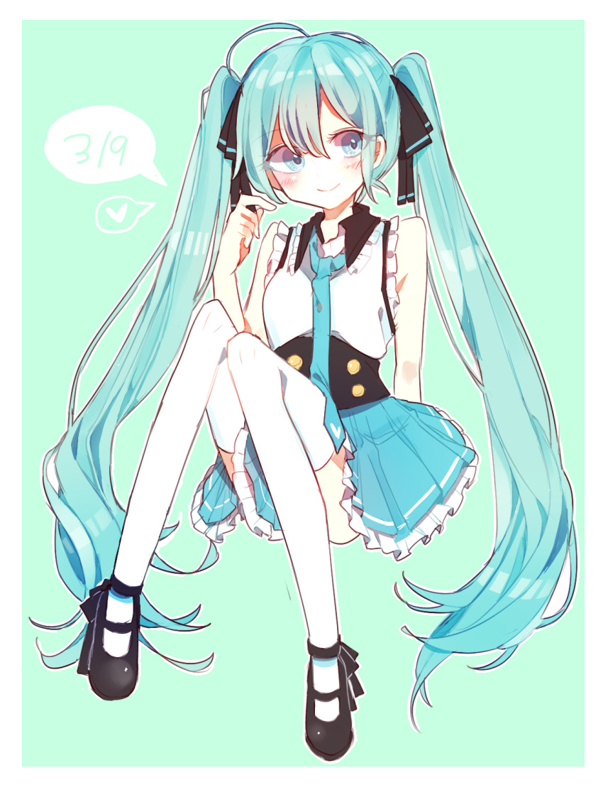 1girl, 39, ahoge, aqua_background, aqua_eyes, aqua_hair, aqua_neckwear, bare_shoulders
