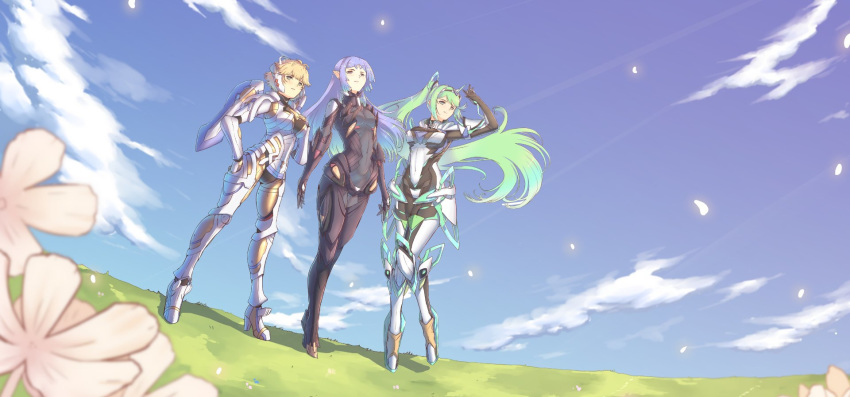 3girls, bangs, blonde_hair, breasts, cat_with_a_brush, cyborg, day, dutch_angle
