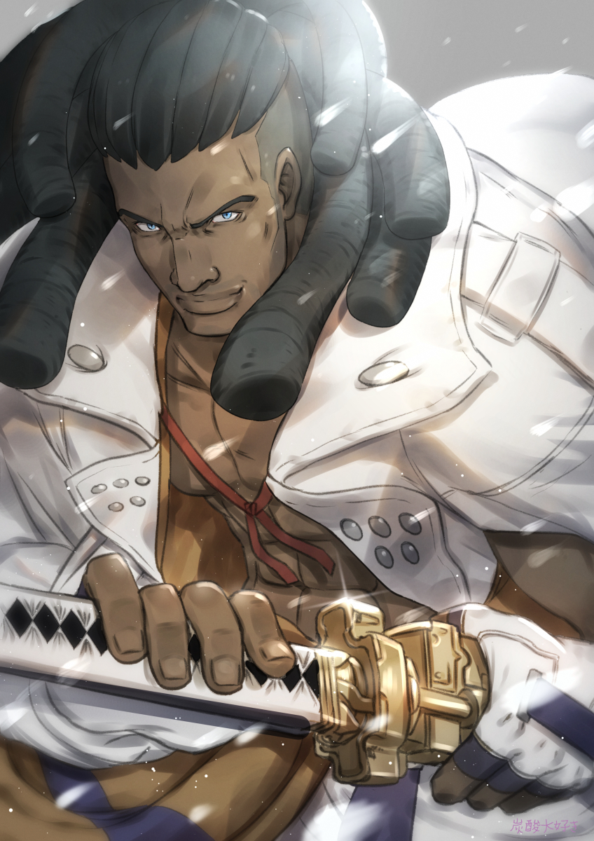 1boy, blue_eyes, dark_skin, dark_skinned_male, fighting_stance, guilty_gear, guilty_gear_strive, hairlocs, highres, looking_at_viewer, male_focus, nagoriyuki, sword, tansan_daisuki, vampire, weapon