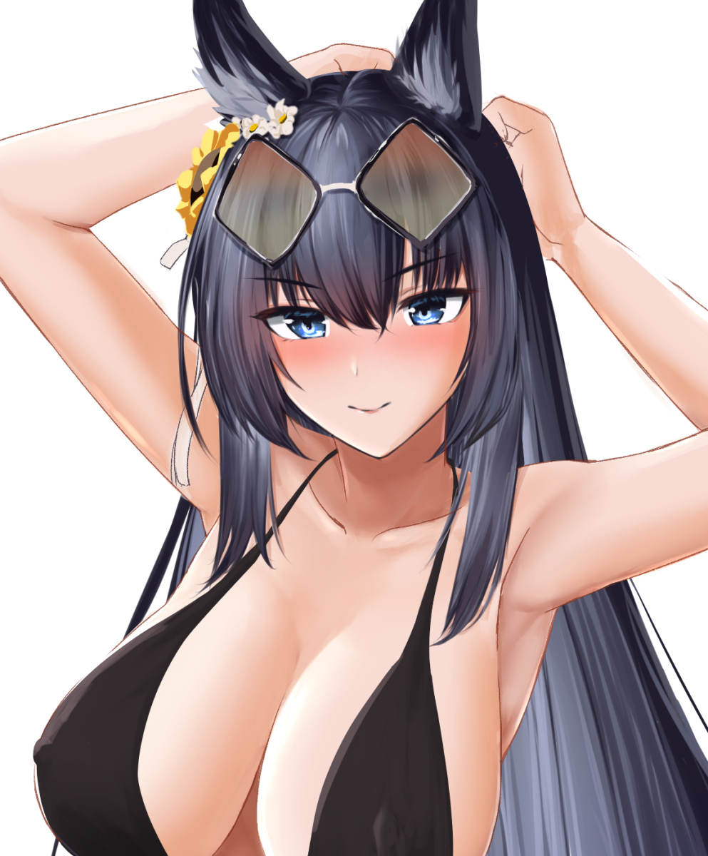 1girl, animal_ear_fluff, animal_ears, azur_lane, bikini, black_bikini, black_hair, blue_eyes