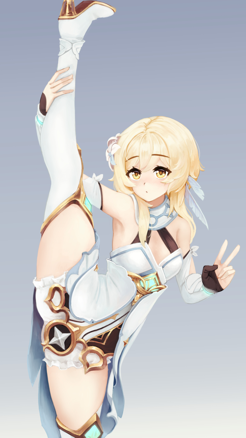 1girl, arm_up, bangs, barbariank, bare_shoulders, blonde_hair, bloomers, boots