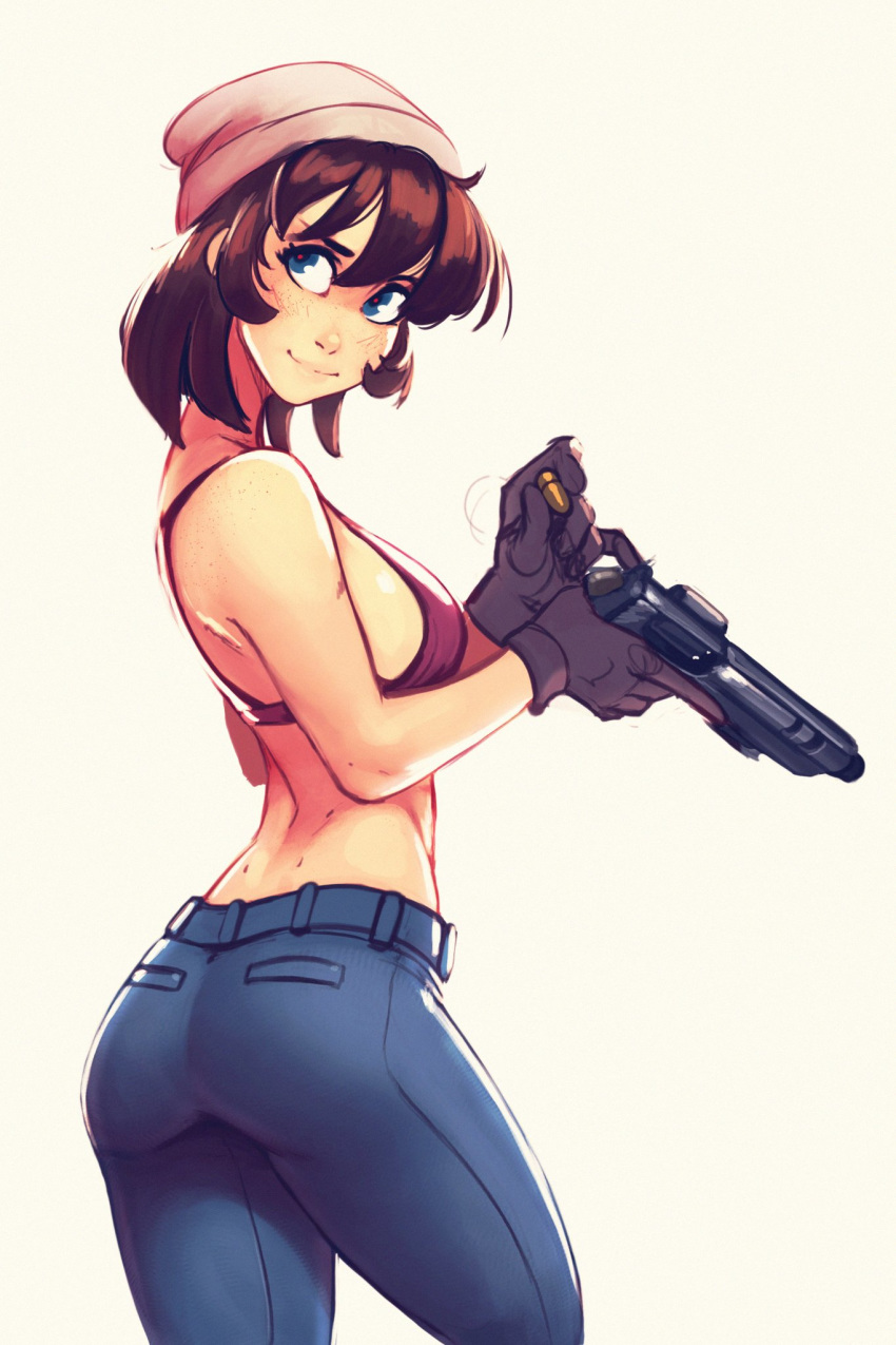 1girl, ass, beanie, black_gloves, blue_eyes, blue_pants, borrowed_character, breasts