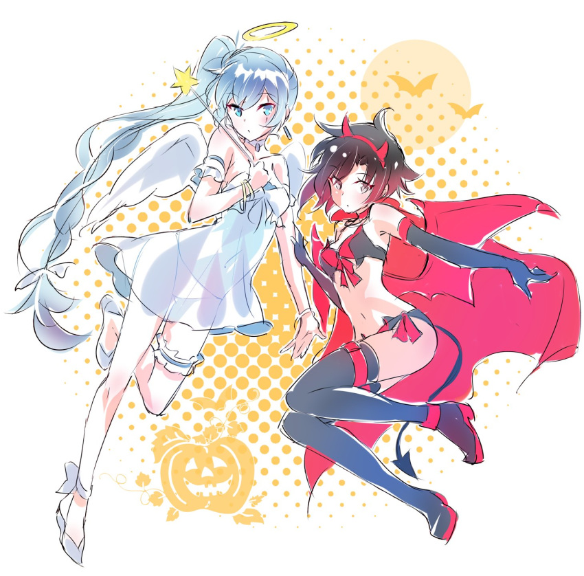 2girls, angel, angel_and_devil, angel_wings, black_hair, boots, cape, contrast, cosplay, demon, demon_girl, demon_horns, demon_tail, demon_wings, gradient_hair, grey_eyes, halo, highres, horns, iesupa, midriff, multicolored_hair, multiple_girls, navel, ponytail, red_cape, redhead, ruby_rose, rwby, scar, scar_across_eye, see-through, short_hair, short_shorts, shorts, side_ponytail, single_garter, tail, thigh-highs, thigh_boots, two-tone_hair, weiss_schnee, white_hair, white_wings, wings