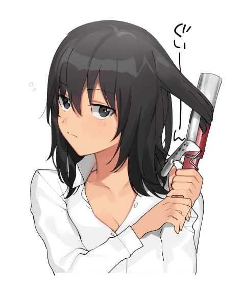 1girl, adjusting_hair, andou_(girls_und_panzer), bangs, black_eyes, black_hair, closed_mouth, commentary