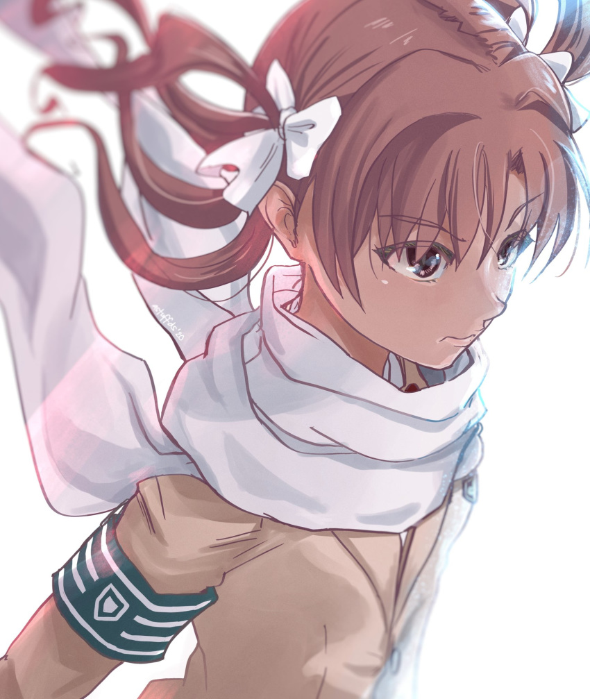 1girl, astuffds, brown_eyes, brown_hair, commentary_request, highres, scarf, school_uniform
