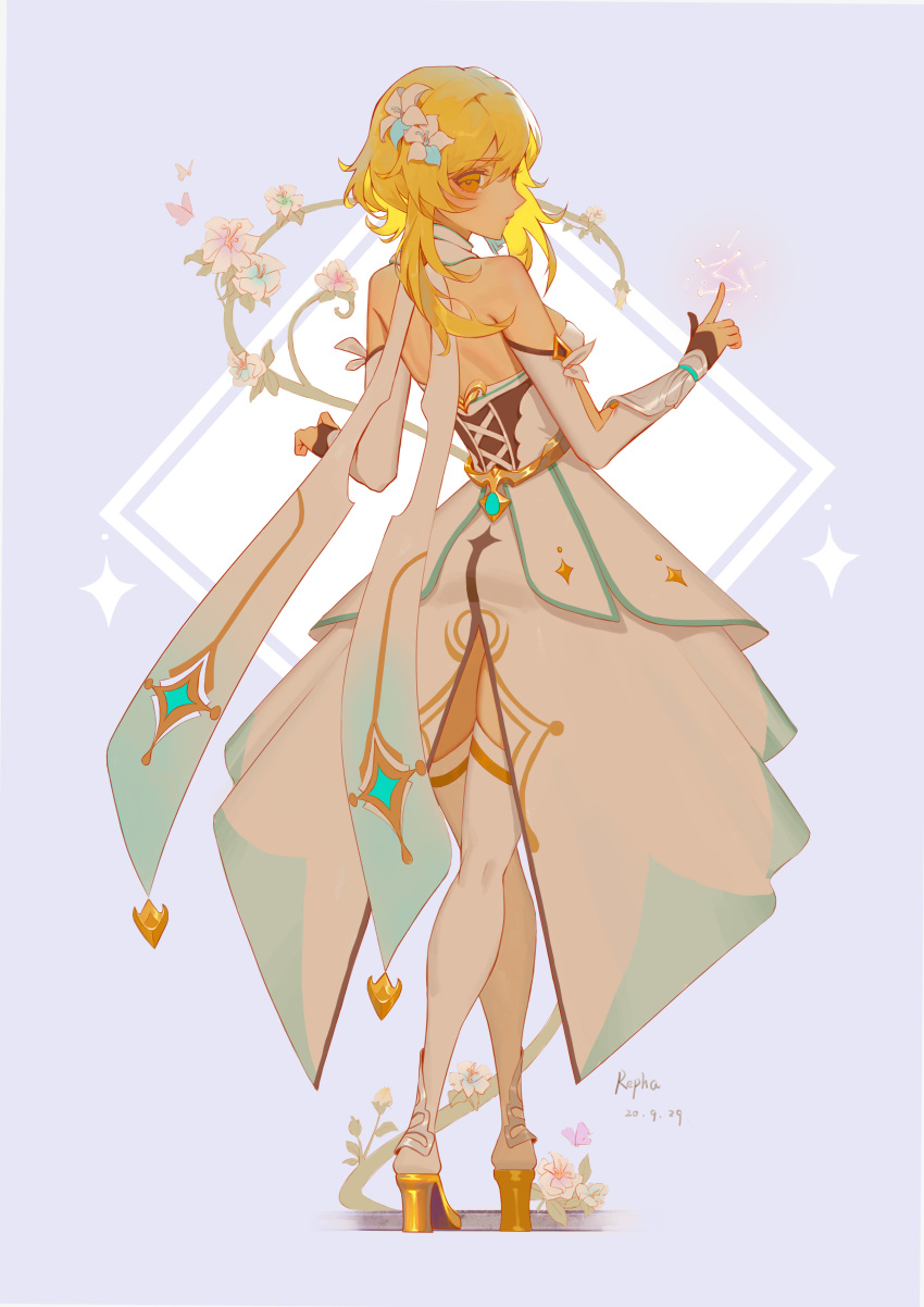 1girl, absurdres, arms_up, bare_shoulders, blonde_hair, breasts, crossed_legs, dated