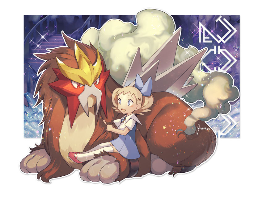 1girl, blonde_hair, blush, commentary_request, dress, entei, gen_2_pokemon, holding