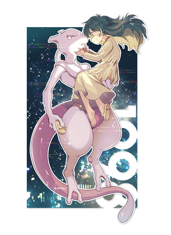 1girl, ambertwo_(pokemon), barefoot, carrying, closed_mouth, commentary_request, dress, floating_hair