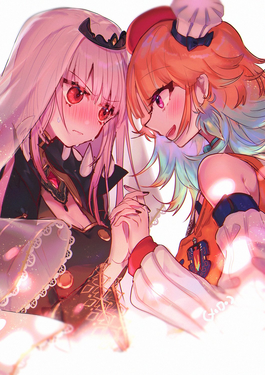 2girls, armpit_crease, bangs, bare_shoulders, black_nails, blue_neckwear, blue_ribbon, blunt_bangs, blush, breasts, brooch, chef_hat, chromatic_aberration, closed_mouth, detached_sleeves, earrings, english_commentary, eye_contact, eyebrows_visible_through_hair, eyes_visible_through_hair, feather_earrings, feathers, gradient_hair, hair_ornament, hat, highres, holding_hands, hololive, hololive_english, interlocked_fingers, jewelry, large_breasts, long_hair, long_sleeves, looking_at_another, merocake, mori_calliope, multicolored_hair, multiple_girls, neck_ribbon, nose_blush, open_mouth, pink_eyes, pink_hair, puffy_long_sleeves, puffy_sleeves, red_eyes, ribbon, shiny, shiny_hair, shirt, shoulder_spikes, sidelocks, signature, simple_background, sleeveless, sleeveless_shirt, sleeves_past_wrists, smile, spikes, sweat, sweating_profusely, symbol_commentary, takanashi_kiara, tiara, v-shaped_eyebrows, veil, virtual_youtuber, wavy_mouth, white_background, wide_sleeves, yuri