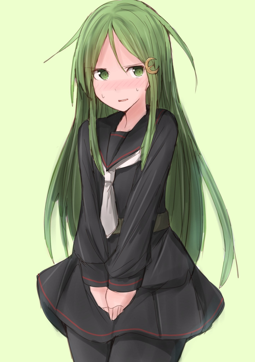 1girl, black_legwear, black_serafuku, commentary_request, cowboy_shot, crescent, crescent_hair_ornament, green_background