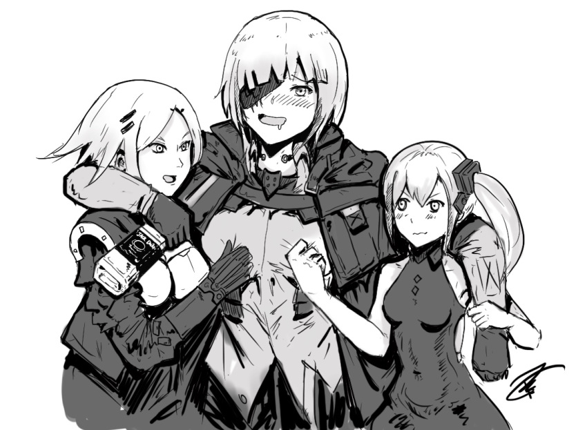 3girls, alcohol, blush, bottle, breast_grab, destroyer_(girls_frontline), drunk, eyepatch