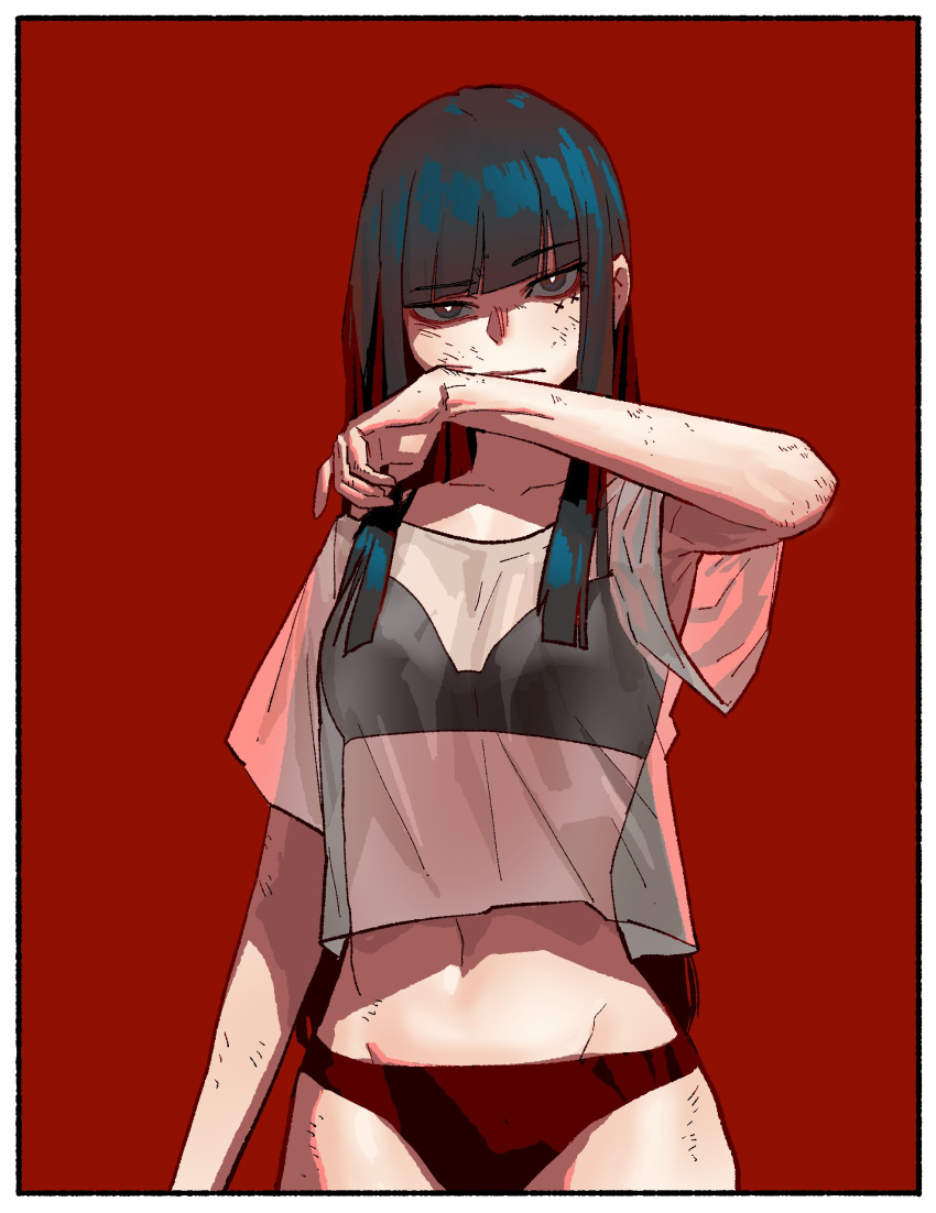 1girl, absurdres, bikini, black_hair, border, bright_pupils, bruise, closed_mouth, cowboy_shot, eyebrows_visible_through_hair, gogalking, hand_up, highres, hime_cut, injury, long_hair, looking_at_viewer, mismatched_bikini, original, red_background, red_bikini, shirt, short_sleeves, simple_background, solo, standing, swimsuit, transparent_shirt, white_border, white_pupils, wiping_face