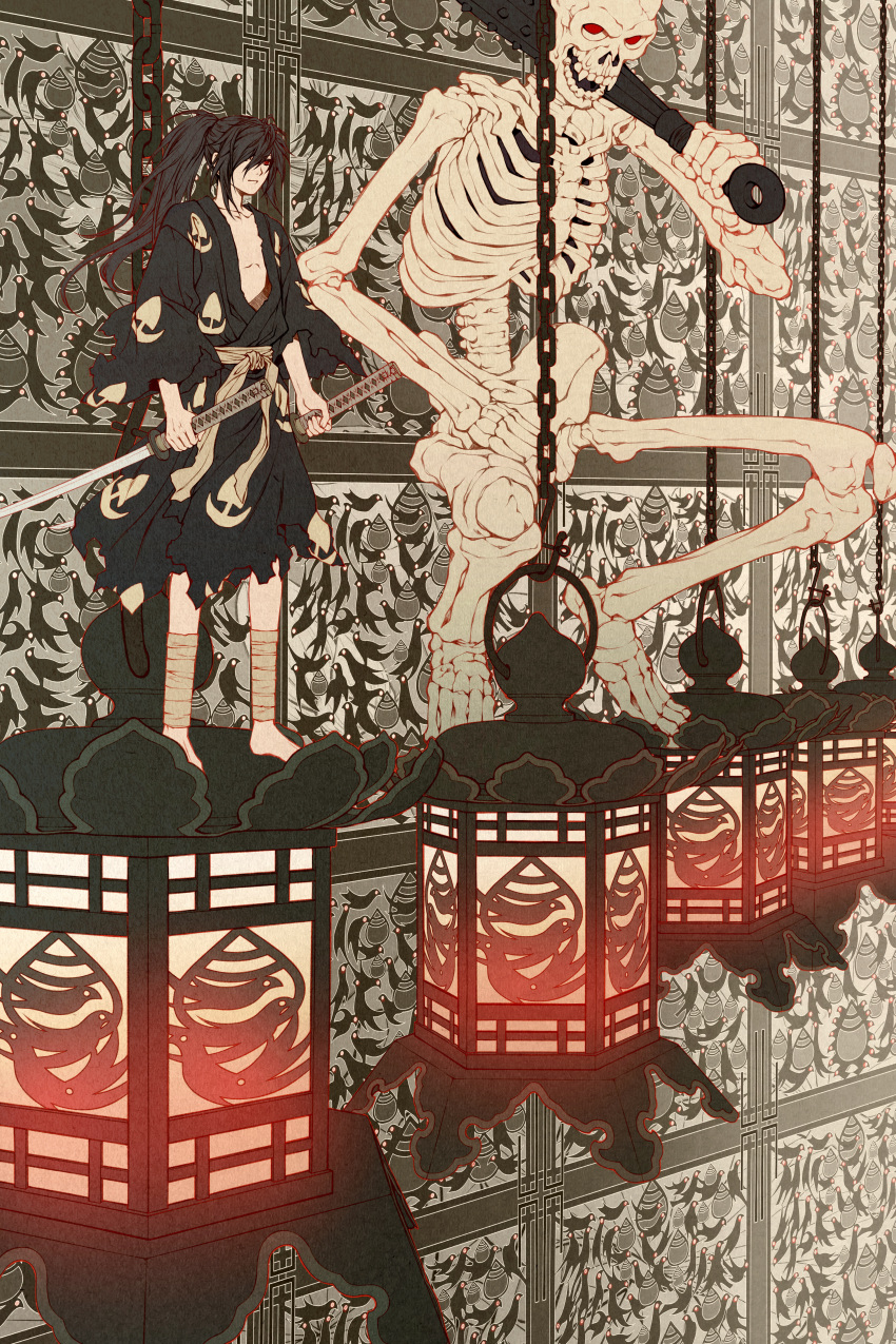 1boy, 1other, absurdres, bandaged_leg, bandages, barefoot, black_hair, black_kimono, chain, dororo_(tezuka), dual_wielding, hair_between_eyes, hair_over_one_eye, highres, holding, holding_sword, holding_weapon, hyakkimaru_(dororo), isuzatakukai, japanese_clothes, kimono, lantern, long_hair, ponytail, red_eyes, skeleton, standing, sword, torn_clothes, torn_kimono, weapon, wide_shot