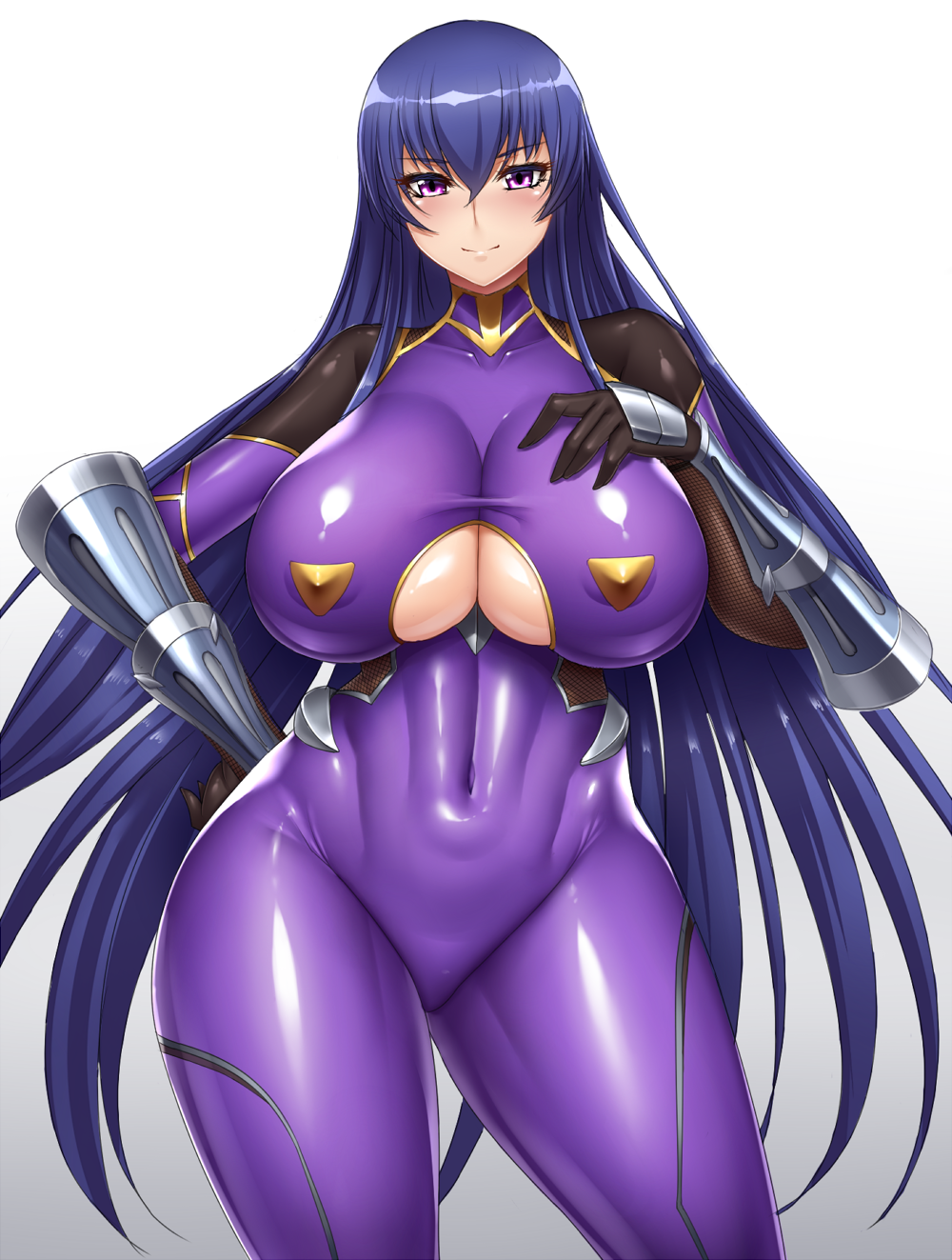 1girl, 5ht, akiyama_rinko, bangs, blue_hair, bodysuit, breasts, clothing_cutout