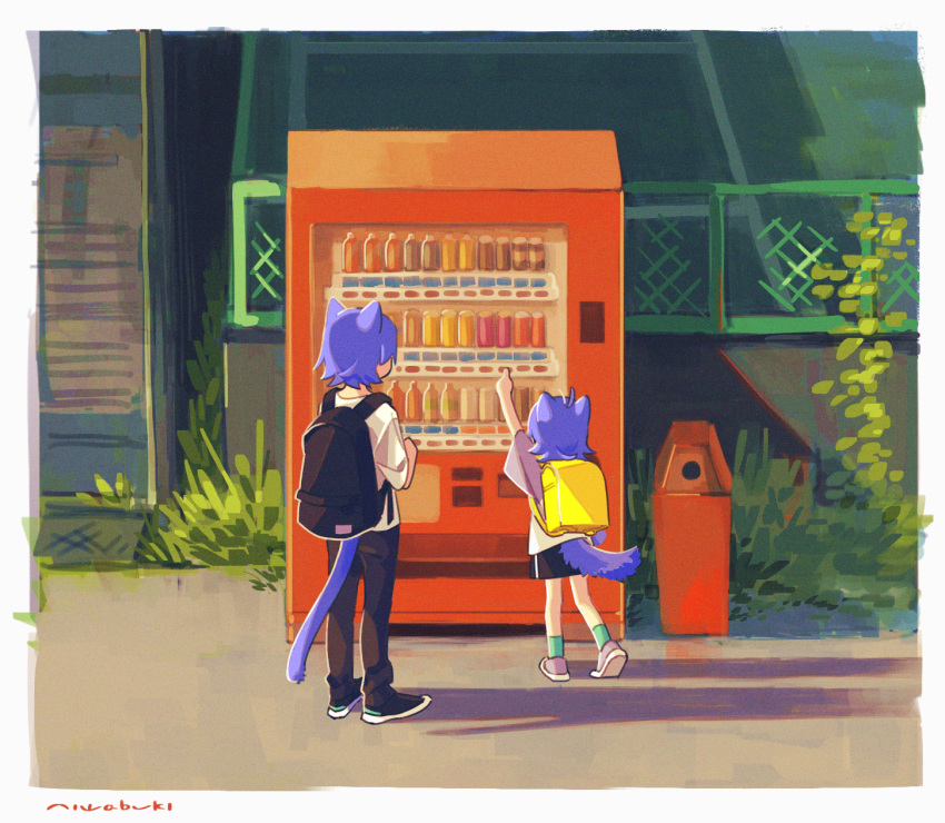 1boy, 1girl, animal_ears, ankle_socks, antenna_hair, aqua_legwear, arm_up, backlighting