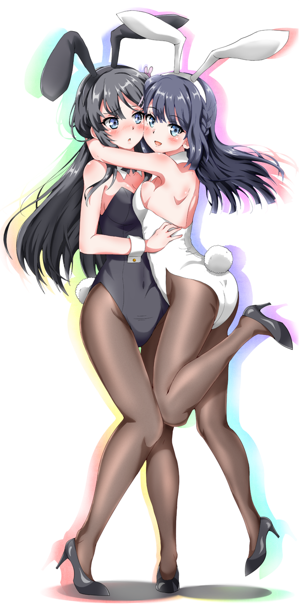 animal_ears, black_footwear, black_hair, black_legwear, black_leotard, black_neckwear, blue_eyes, bow