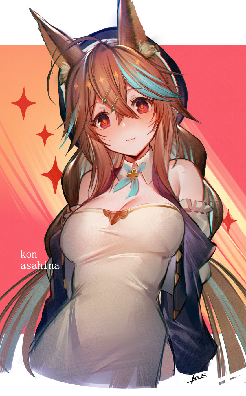 1girl, absurdres, ahoge, animal_ear_fluff, animal_ears, aqua_hair, asahina_kon, bangs