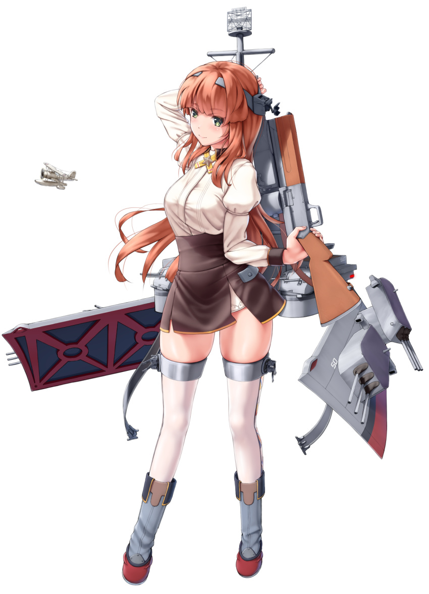 1girl, adapted_turret, aircraft, airplane, arm_behind_head, bangs, biplane, blunt_bangs
