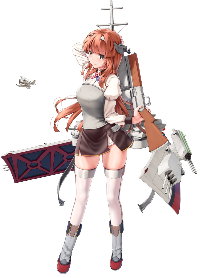 1girl, adapted_turret, aircraft, airplane, american_flag, american_flag_neckwear, american_flag_print, arm_behind_head