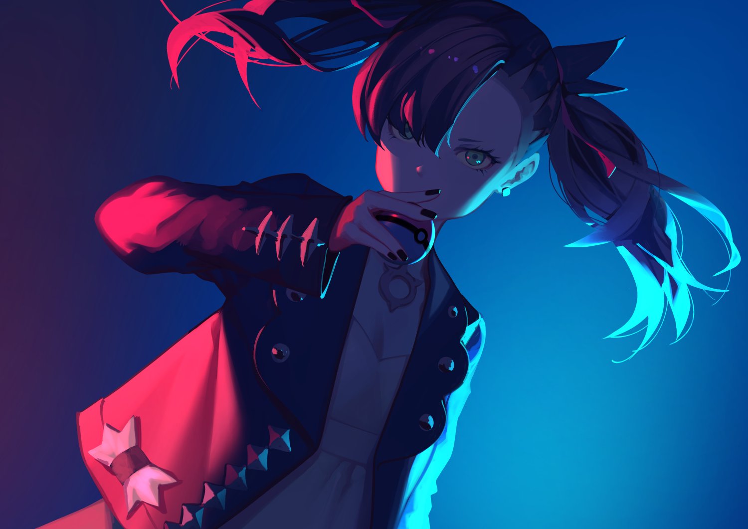 1girl, asymmetrical_bangs, bangs, black_hair, black_jacket, black_nails, commentary, dress