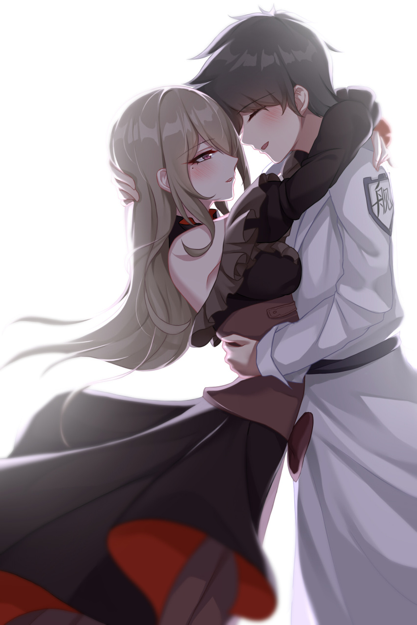 1boy, 1girl, absurdres, arms_around_neck, arms_around_waist, blush, brown_hair, closed_eyes