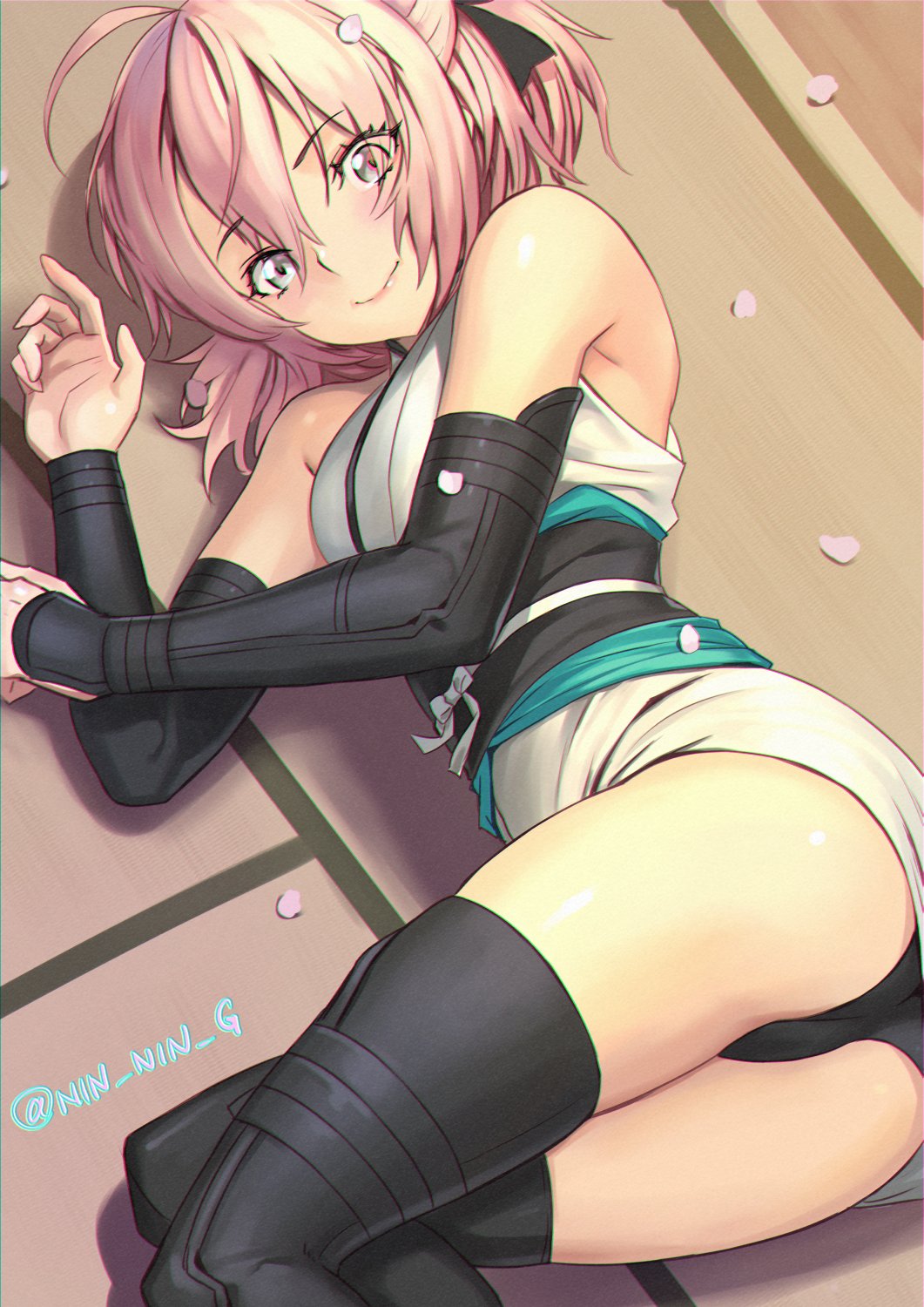 1girl, ahoge, arm_guards, ass, bangs, bare_shoulders, black_bow, black_legwear